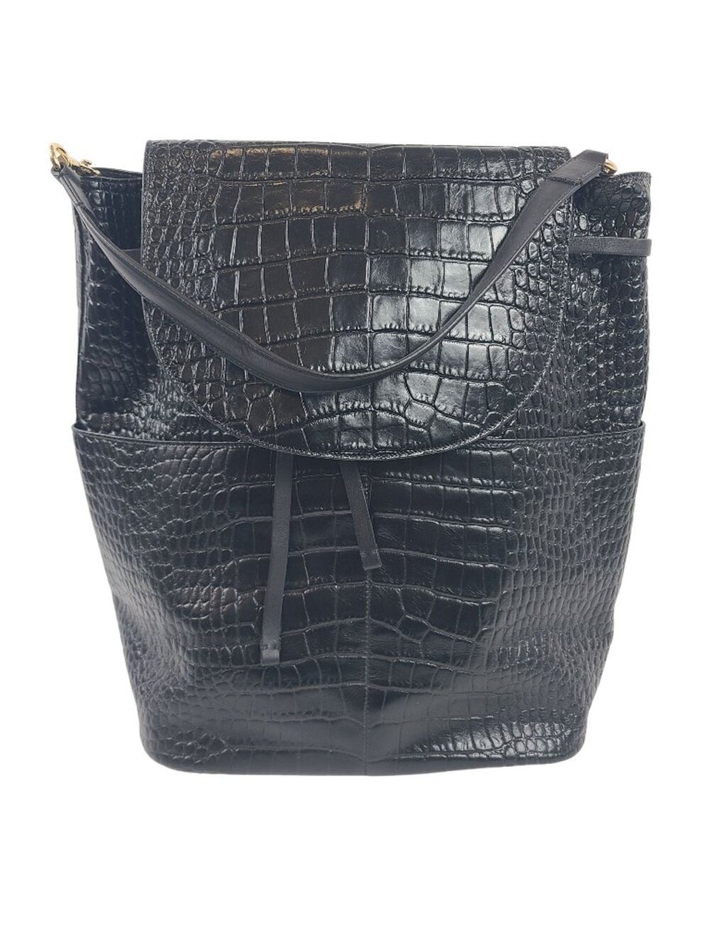 Cuyana Black Crocodile-Embossed Leather Backpack Gold Hardware